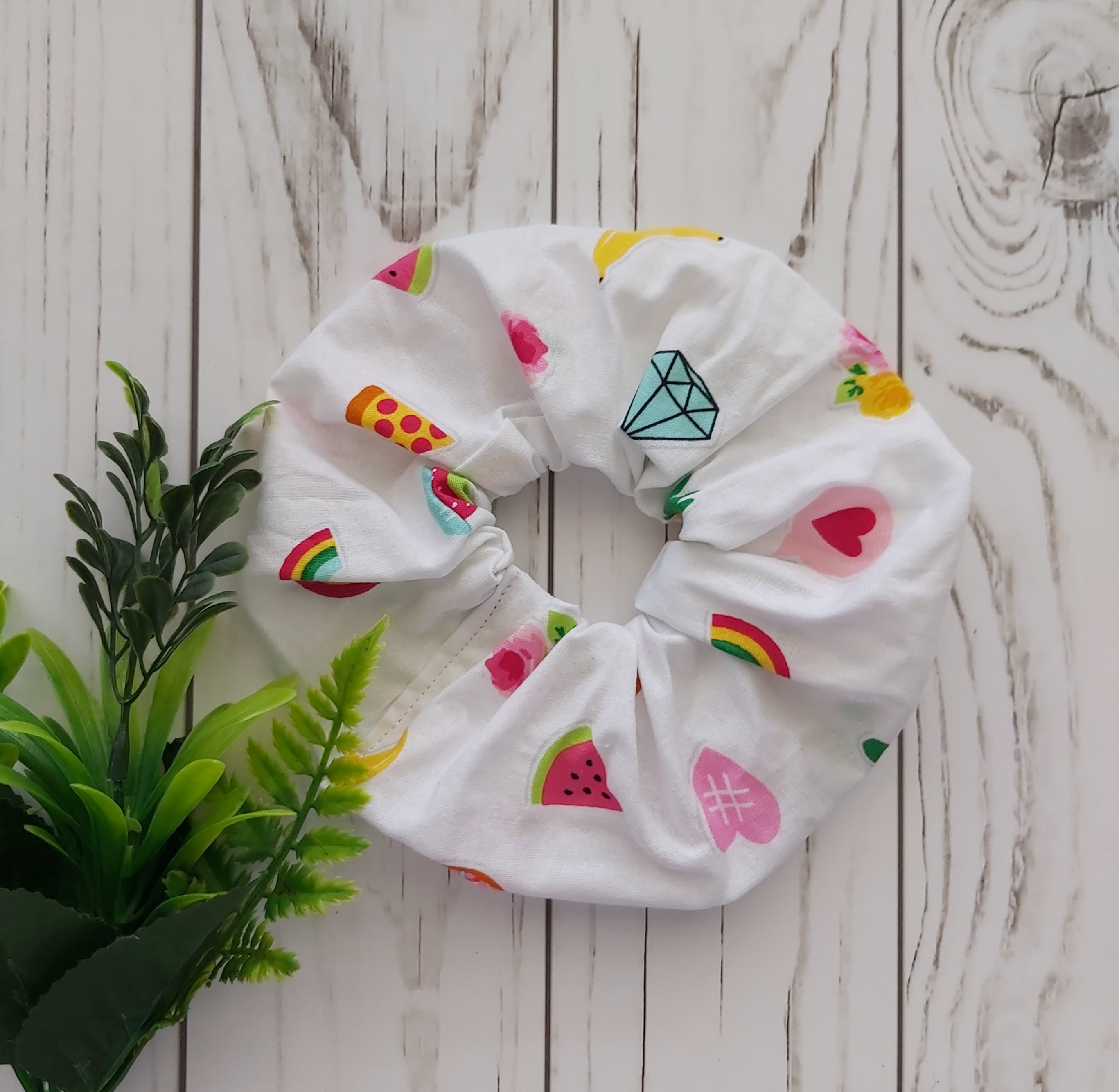 White Colorful Pattern Scrunchie